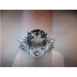 RING - OVER 3CT OVAL FACETED LIVELY GREEN/YELLOW AMETHYST & 2 ROUND FACETED DIAMONDS IN STERLING SIL