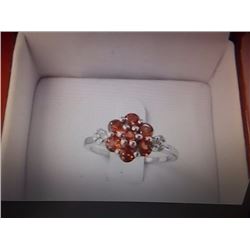 RING - GARNET CLUSTER & 8 TTL DIAMONDS IN STERLING SILVER SETTING - INCLUDES CERTIFICATE $550