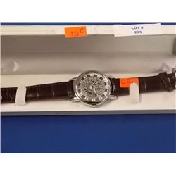 WATCH - NEW 2 SIDED SKELETON WATCH WITH LEATHER STRAP - WORKING - SILVER TONE