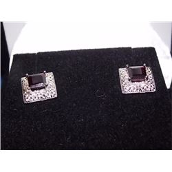 EARRINGS - NEW PRINCESS FACETED RICH DEEP RED/BROWN GARNETS & DIAMONDS IN STERLING SILVER SETTING - 