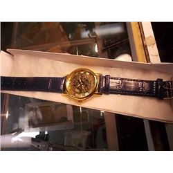 WATCH - NEW 2 SIDED SKELETON WATCH WITH LEATHER STRAP - WORKING- GOLD TONE