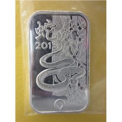 SILVER BAR - 1 TROY OUNCE .999 SILVER ART BAR - 2013 YEAR OF THE SNAKE - SOUTH AFRICAN RAND REFINERY