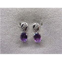 EARRINGS - NEW 1.7CT OVAL FACETED AMETHYST & DIAMONDS IN STERLING SILVER SETTINGS - POST & BUTTERFLY