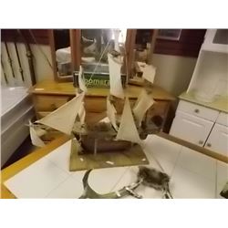 WOOD SHIP MODEL WIITH CANVAS SAILS - 27" X 24" TALL