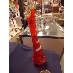 RETRO RED ART GLASS VASE - ~12" TALL