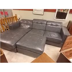 BONDED LEATHER SOFA - GREY - RECLINING HEAD RESTS WITH LARGE OTTOMAN - 3 PC TTL