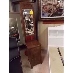 MAGOGANY HALL STAND WITH BACK MIRROR - 1 DRAWER 1 DOOR - STORAGE - BEVELED GLASS