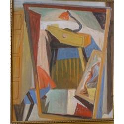 DUMOUCHEL, Albert, 1916-1971.  "La Chambre".  Huile sur panneau, signée et titrée verso.  Oil on...