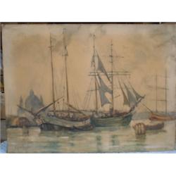 PATERSON, Emily Murray, 1855-1934.  "Preparing the Fishing Boats".  Aquarelle, signée.  École éco...