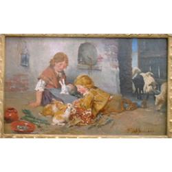 SCHLESINGER, Felix, 1833-1910.  "Children Feeding the Rabbits".  Huile sur panneau, signée.  Écol...