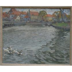 HARTOGH, Rudolf Franz, 1889-1960.  "Village in Flanders".  Huile sur toile, signée.  École allema...