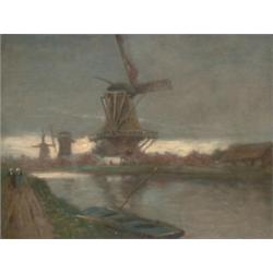 HOUTEN, A.Van.  'Two Women Walking past the Windmills".  Huile sur toile contrecollée sur masonit...