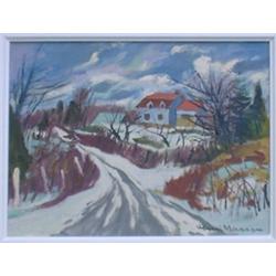 MASSON, Henri Léopold, 1907-1996.  "Neige en novembre, chemin de Perkins, Québec".  Huile sur toi...