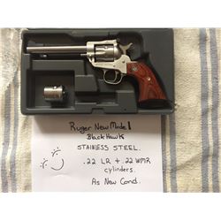 RUGER, BLACK HAWK, .22CAL LR, NO S/N, RESTRICTED, W/.22 WMR CYLINDER, STAINLESS STEEL, AS NEW