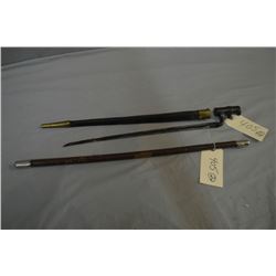 Lot of Two Items : Socket Bayonet w/ leather & brass scabbard - Antique Swagger Stick [ leather cove