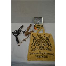 Tray Lot : Hudson Bay Company hand made bag - antique tin of antique fishing lures w/glass eyes - Vi