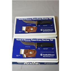 Lot of Two Smith & Wesson American Series Model 6085 Collector's Hunting Knives w/leather scabbards 
