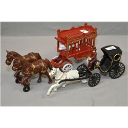 Lot of Two Antique Style Cast Iron Toys - Horse Drawn Carriage w/driver - Overland Circus Wagon with