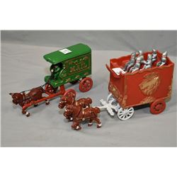 Lot of Two Antique Style Cast Iron Toys - U.S. Mail Cart w/horse & driver - Horse Drawn Circus Wagon
