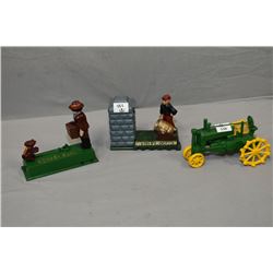 Lot of Three Antique Style Cast Iron Toys - Monkey Bank - Artillery Bank - Green & Yellow Tractor - 