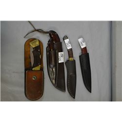 Bag Lot : Four Knives w/sheaths : Double Knife Set w/small knife marked Clint & Larger Skinner Style