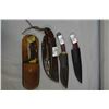 Image 1 : Bag Lot : Four Knives w/sheaths : Double Knife Set w/small knife marked Clint & Larger Skinner Style