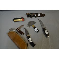 Tray Lot of Five Knives, etc : Charlton Limited No 001 Damascus Blade Hunting Knife w/guttter in zip
