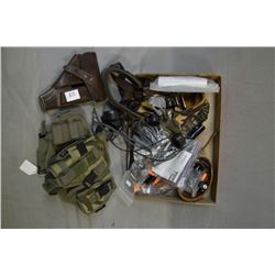 Tray Lot : Package w/archery cocking string - new leather sling - Butler Creek sling - camo suspende