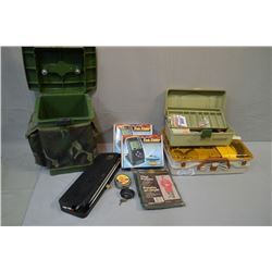 Box Lot : Camo Plastic Shooting Chair - Plano Tackle Box w/ tackle - Wood Stream Tackle Box w/ tackl