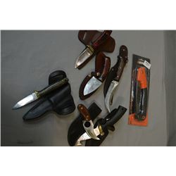 Tray Lot : Haughtan Hunting Knife w/scabbard, blade engraved "Clint Sanborn" - Brown Hunting Knife w