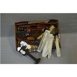 Tray Lot : Approx. Seventeen Empty Leather Knife Sheaths - Camo Survival Kit [ bandaids, etc ] - Cam