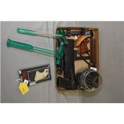 Tray Lot : Composite Butt Stock w/swivels - Two Kenetic RCBS Bullet Pullers - Leather Ctg Holder - S