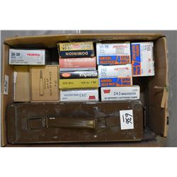 Box Lot : Small Brown Metal Military Ammo Box - .243 Cal Ammo - .30 - 30 Win Ammo - Approx. 2 & Part