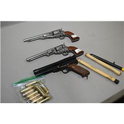 Tray Lot : Two Replica Antique Pistols - NEL - SPOT C02 Pellet Pistol - 10 C02 Ctgs - Nelson Pellets