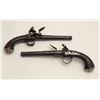 Image 1 : Pair of silver mounted English flintlock  Queen Ann style pistols, .60 caliber, 6.5”  screw-off cann