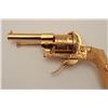 Image 3 : Engraved pinfire revolver, gold finish, ivory  grips, S/N 62033, wood presentation casing;  gun is i