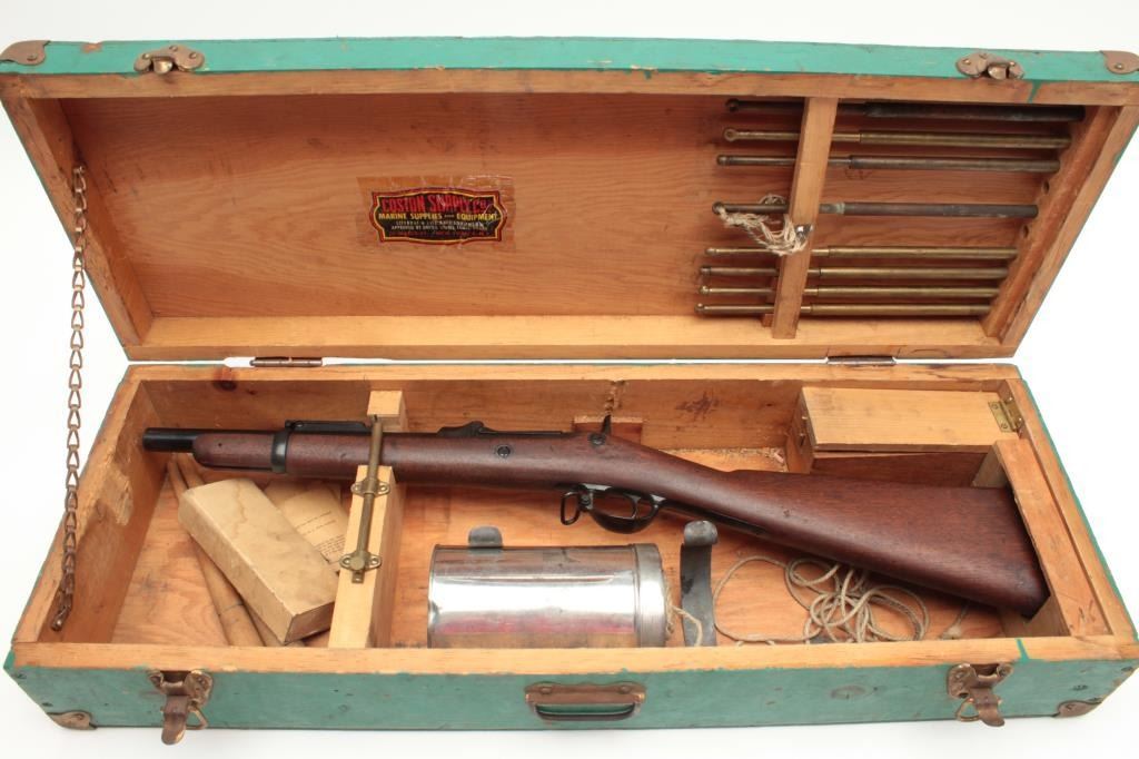 Springfield Trapdoor line throwing gun, in wood case with accessories ...