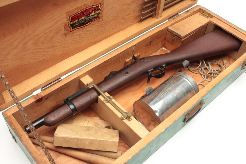 Springfield Trapdoor line throwing gun, in wood case with accessories ...