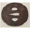 Image 1 : An iron tsuba chiseled with a village scene.  Details in gold and copper. 200-400 years  old. EST:$2