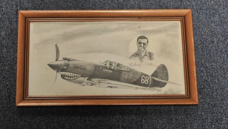 Framed Pencil Sketch Of A Flying Tiger Fighter Plane And Sketch Of