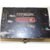 Japanned black metal cash box painted on lid  “First Nation/Gold Bank/San Francisco”; about  50% pai