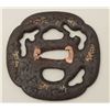 Image 2 : Large pierced ancient iron tsuba inlaid with  gold sprays. Good patina. 200-400 years old.  EST:$200