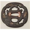Image 3 : Large pierced ancient iron tsuba inlaid with  gold sprays. Good patina. 200-400 years old.  EST:$200