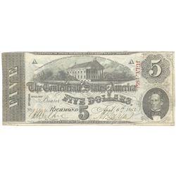 1863 $5 The Confederate States of America Note T-60 CC