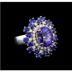 14KT White Gold 4.93 ctw Tanzanite, Sapphire and Diamond Ring