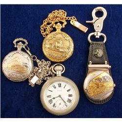 3 Pocket Watches w/ Trains Engraved on Front