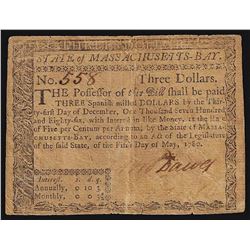 May 5, 1780 $3 Massachusetts Colonial Currency Note