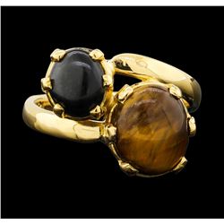 18KT Yellow Gold 5.48ctw Tigers Eye Cabochon and Black Coral Ring