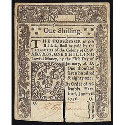 June 7, 1776 One Shilling Connecticut Colonial Currency Note