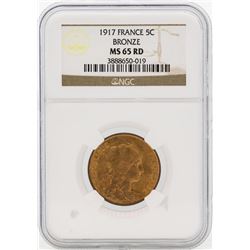 1917 France 5 Centimes Bronze Coin NGC MS65RD